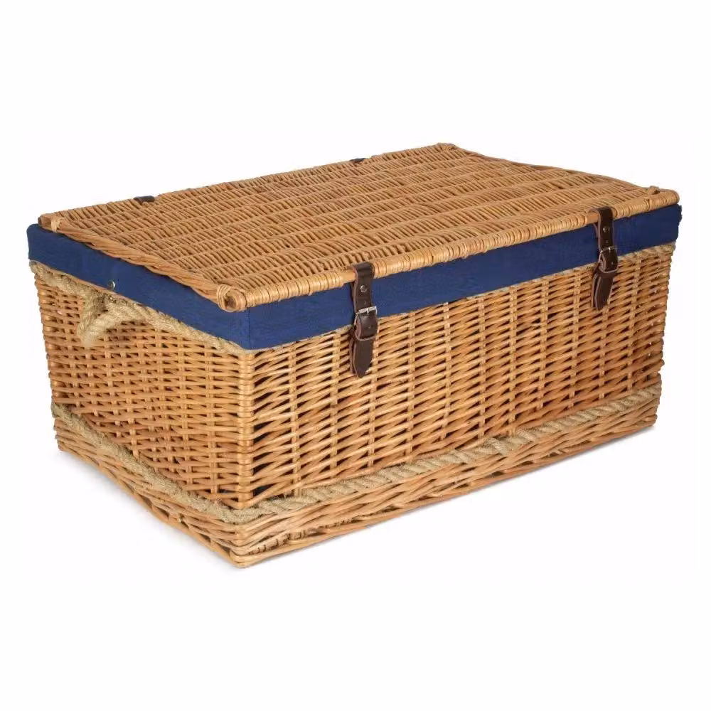 Red Hamper Wicker Trunk with Rope Handles and Cotton Lining in Blue, W 72 cm x D 50 cm x H 34 cm – 2