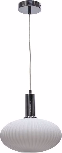 First Choice Lighting Baton Art Deco Pendant Fitting with White Ribbed Oval Glass and Chrome Finish