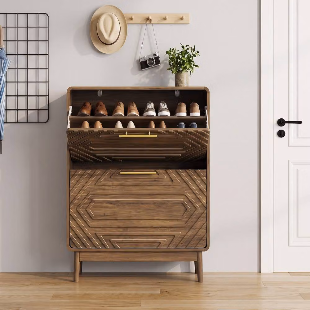 Merax Walnut Slim 2 Compartment Shoe Cabinet with Geometric Fronts, Brown and Gold, W/D/H: 60 x 24 x 95 cm – 2