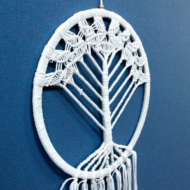 KDMK Tree of Life White Boho Dreamcatcher with Textile Leaves, Diameter: 42 cm