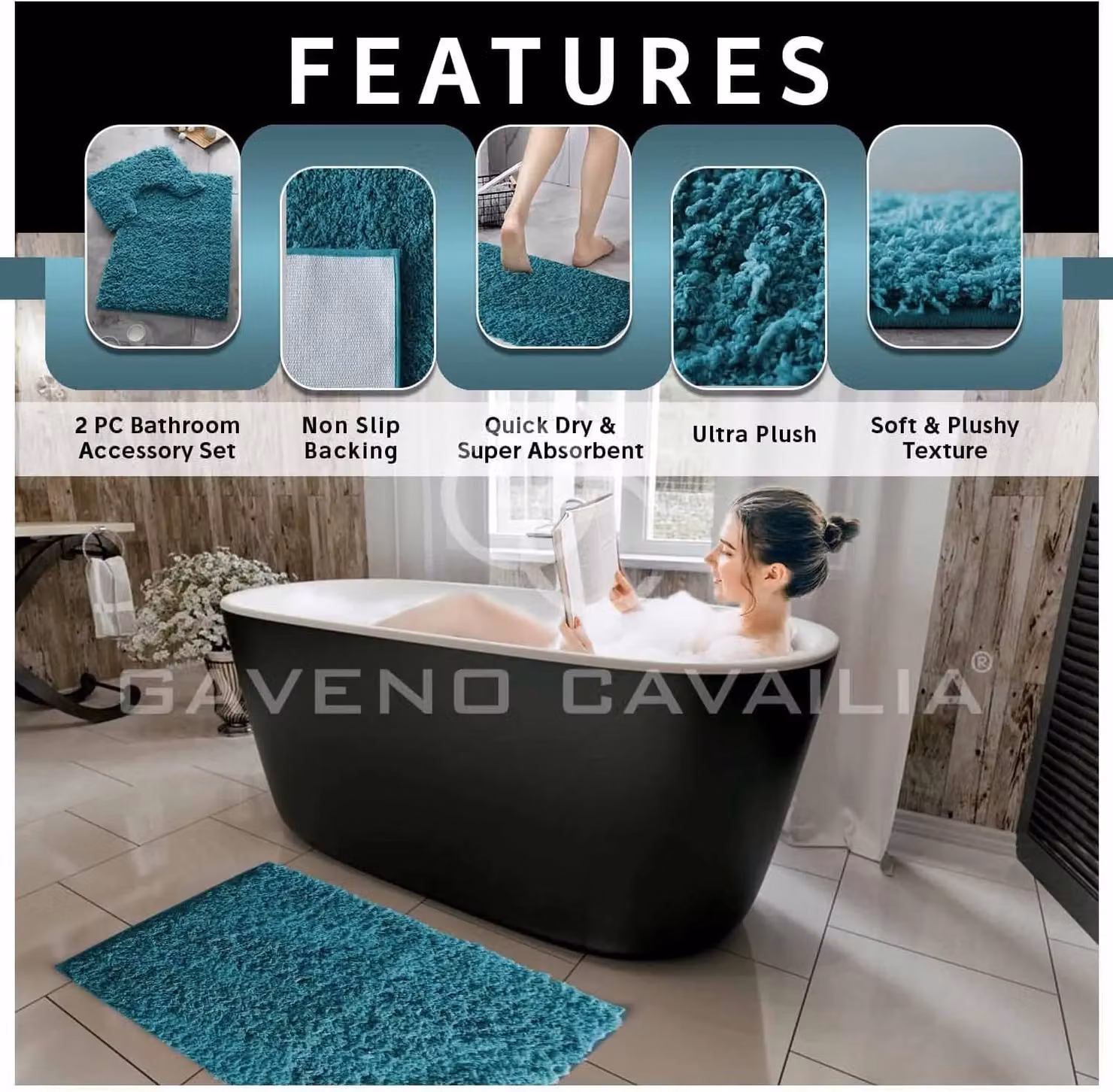 Gaveno Cavailia 2 Piece Zero Twist Cotton Bath Mat Set in Petrol Teal – 2