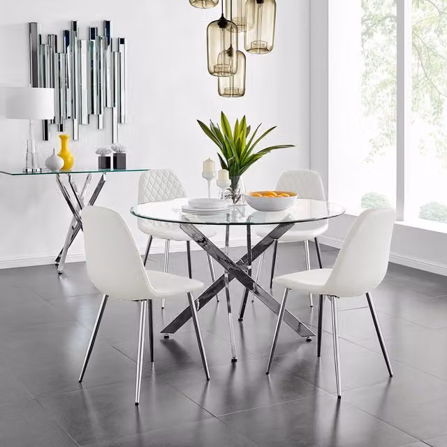 FurnitureboxUK Novara Round Glass and Chrome Dining Table with 4 Corona Silver Chairs Set, White