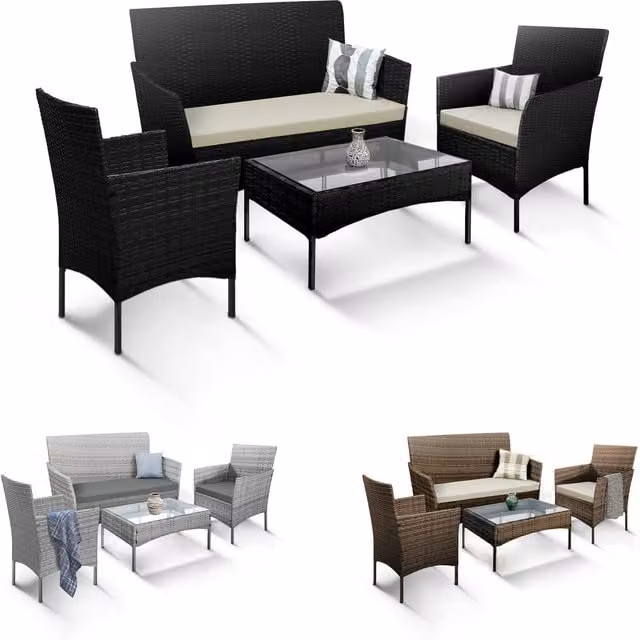 Keplin Modern Black Rattan Garden Furniture Set with Glass Top