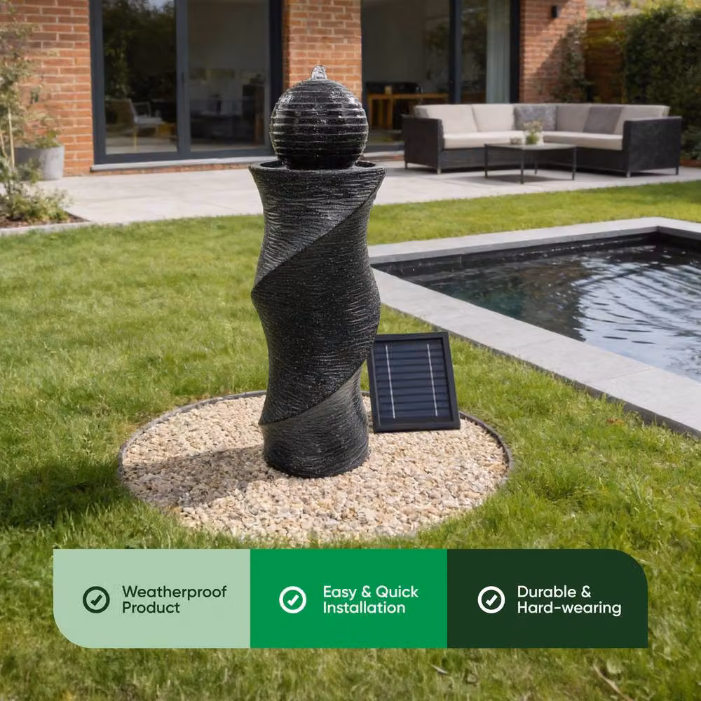 Gardenwize Solar Twisted Ball Water Feature with Warm White LED Lights and Battery Backup in Dark Grey, H 74.5 cm x W 27 cm x D 27 cm – 3