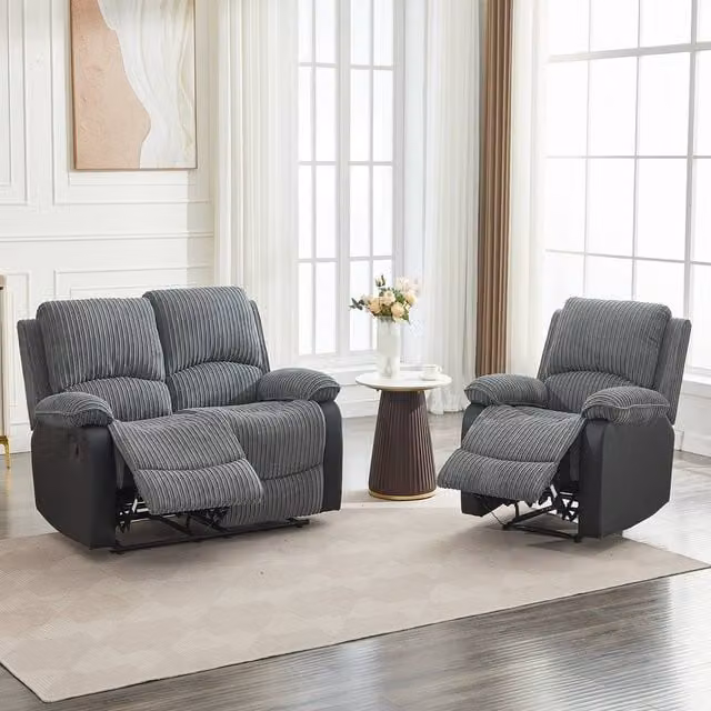 FURNITURE ONE Modern Manual Reclining Corduroy Fabric Sofa Set in Grey – 1
