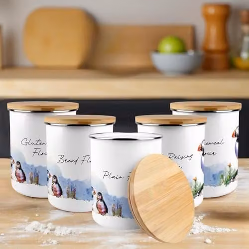 Purely Home Puffins Plain Flour Storage Canister, 2.7 l, Blue and White Enamel – 1