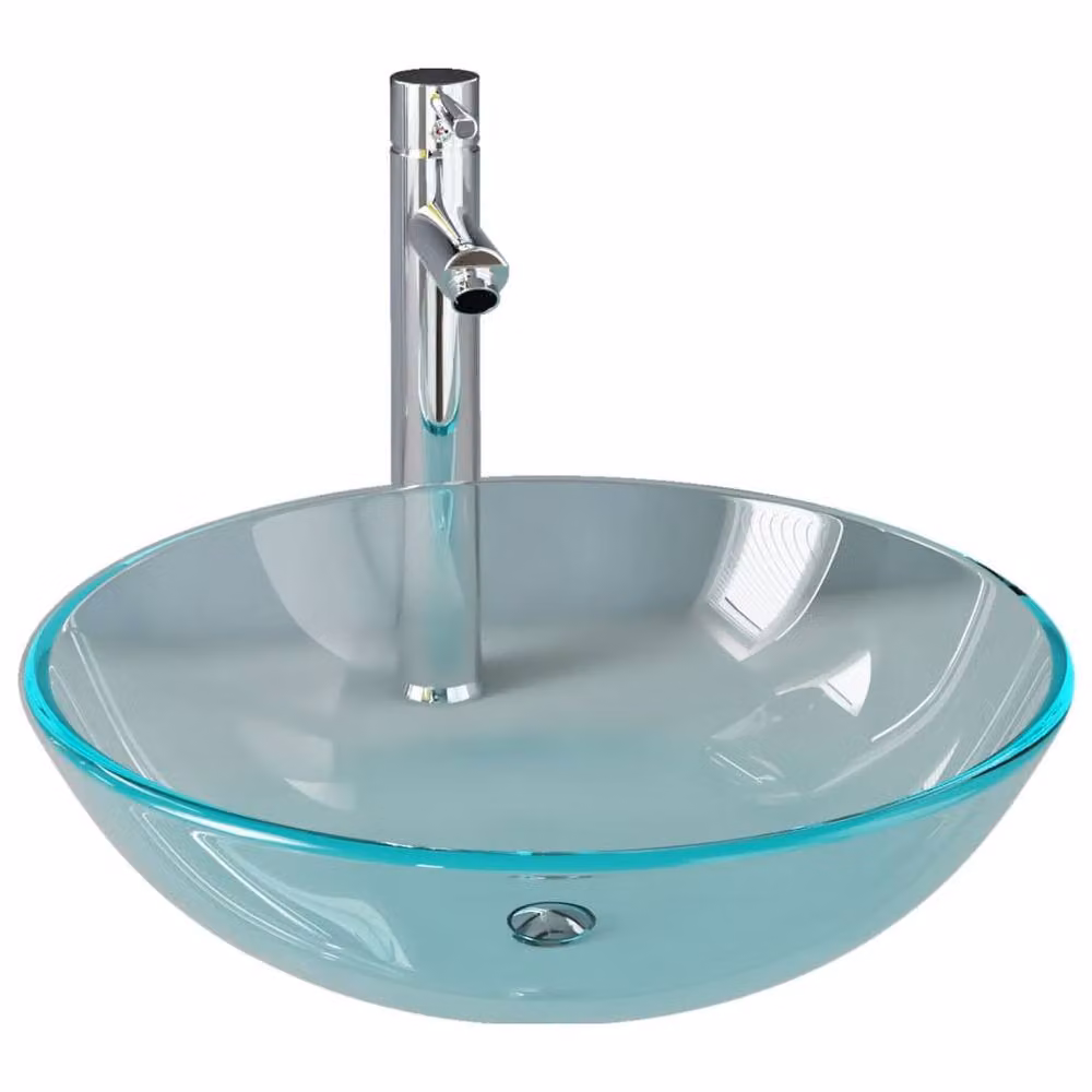 Berkfield Home Round Clear Tempered Glass Bathroom Sink with Tap and Push Drain – 2