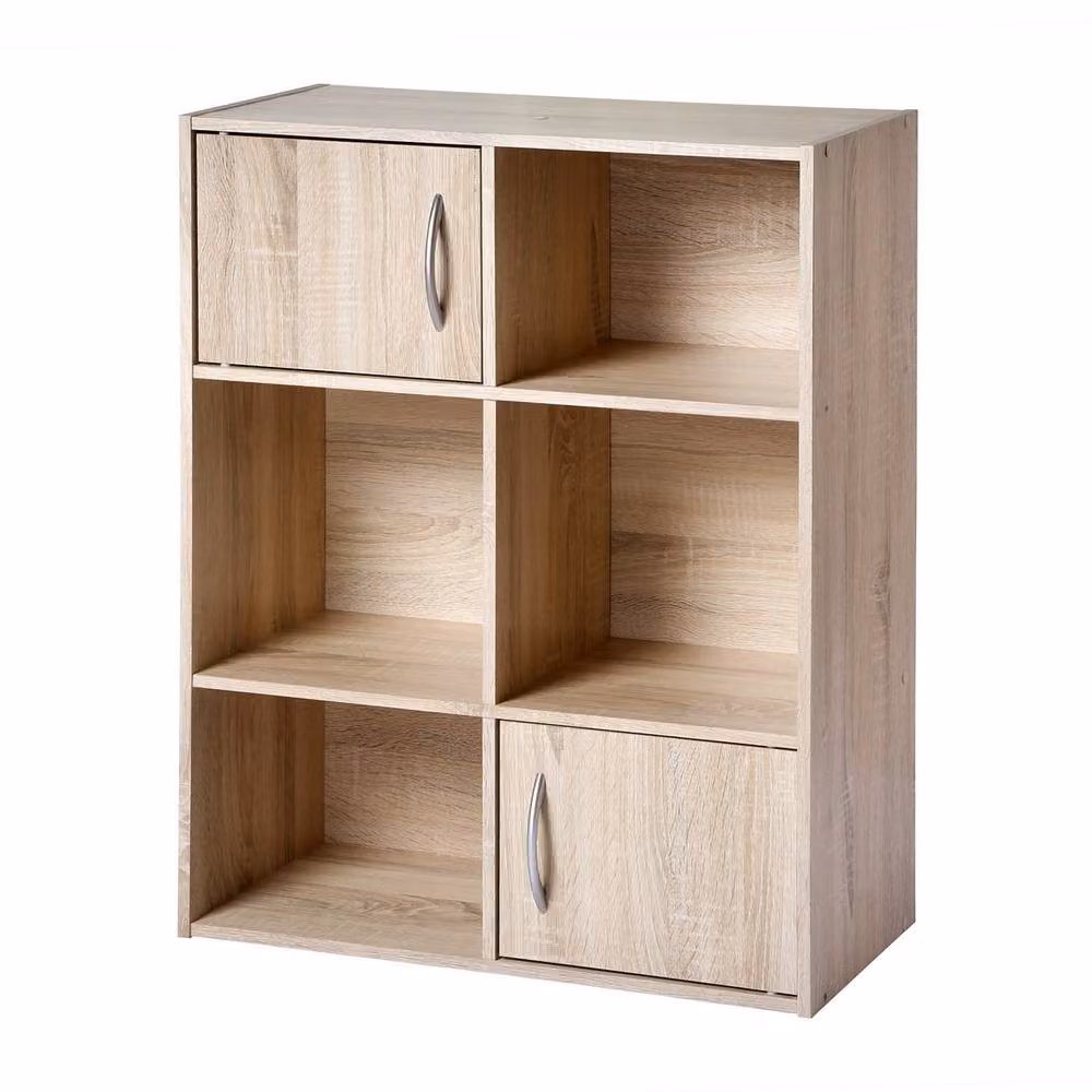 CALICOSY 6-Compartment Storage Shelf with 2 Doors in Light Brown, W/D/H: 61.5 x 29.5 x 80 cm – 3