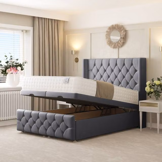 Bed Choices Deluxe Ottoman Upholstered Divan Bed in Grey with 54 inch Headboard, W/D/H: 140 x 200 cm
