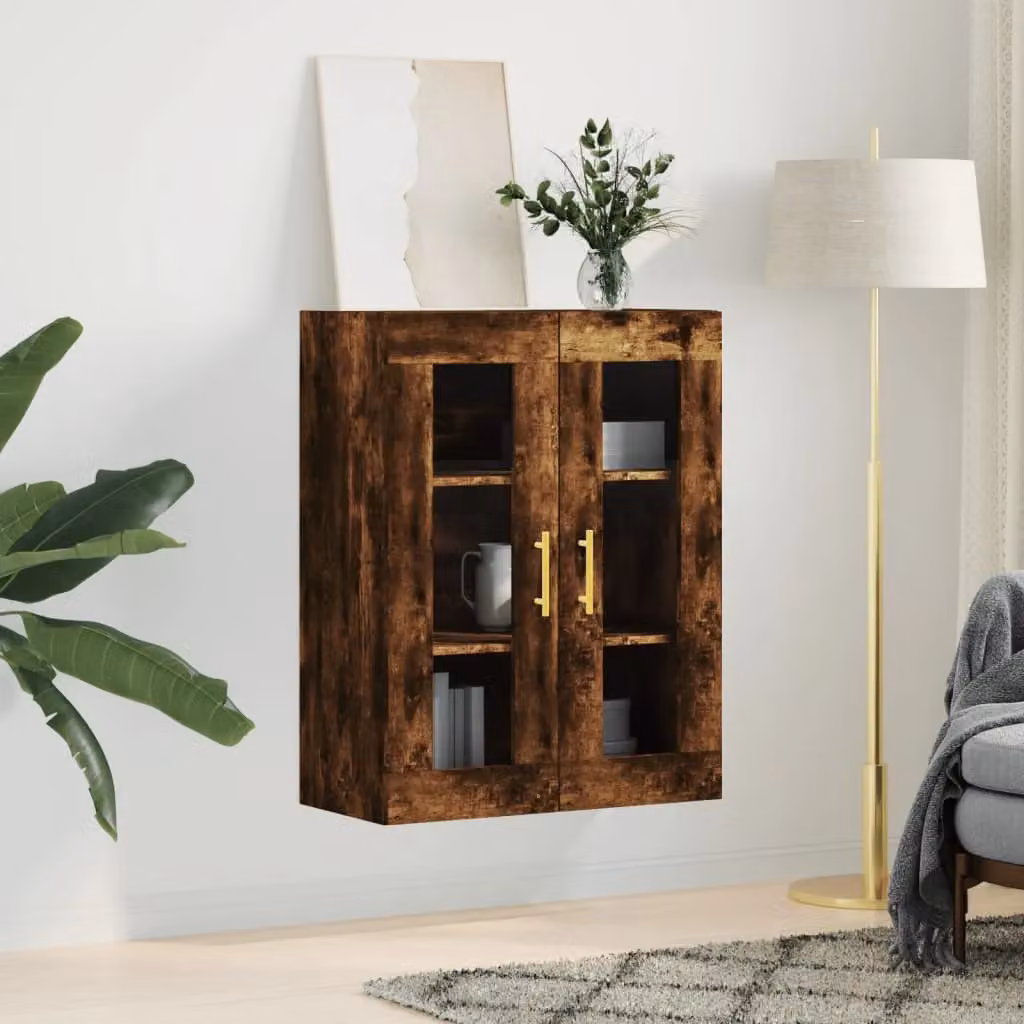 Berkfield Home Wall Mounted Smoked Oak Cabinet with Glass Doors in Brown, W/D/H: 69.5 x 34 x 90 cm – 3