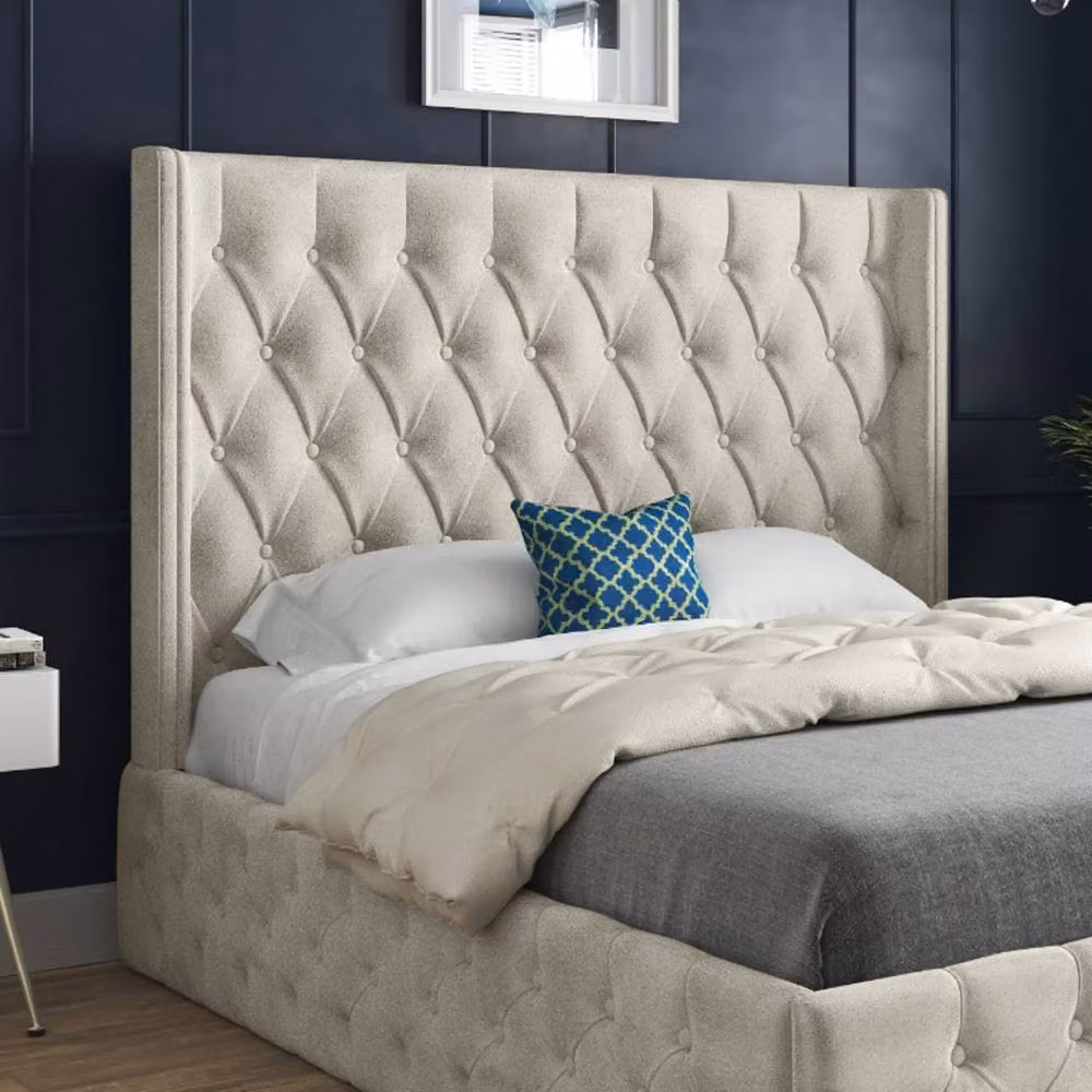 KDMD Winchcombe Winged Upholstered Designer Bed Frame in Beige Soft Velvet, Size: 100 x 200 cm – 3
