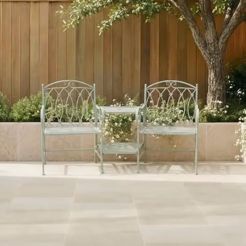 Charles Bentley Rustic Wrought Metal Companion Seat for Garden and Patio, Sage Green, W/D/H: 155 x 91.5 x 68.5 cm