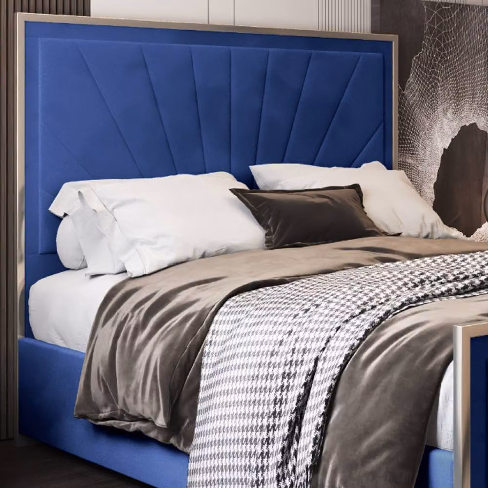 Casani Somerton Blue Velvet Upholstered Metal Designer Bed Frame, W/D/H: 200 x 137 x 200 cm – 4