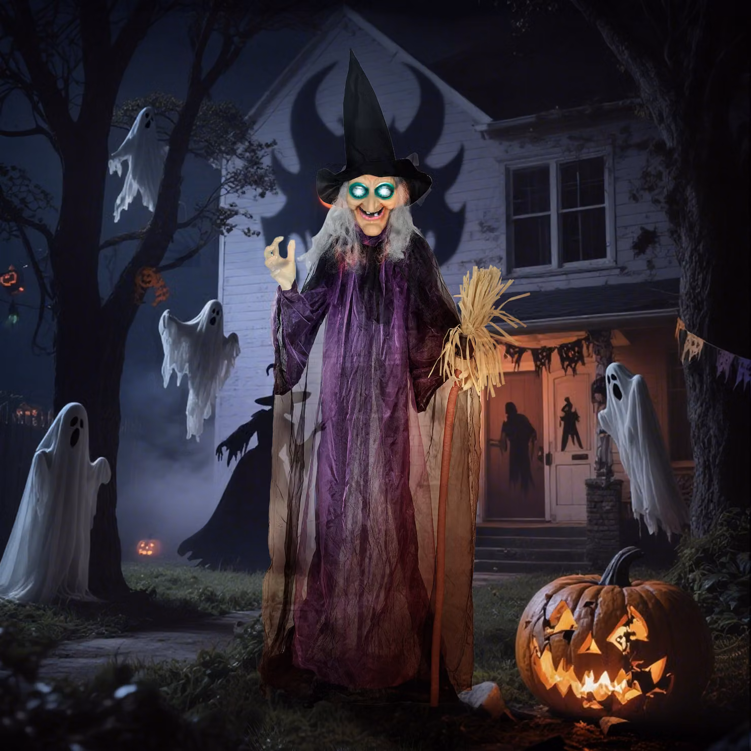 Outsunny Life Size Animated Standing Witch and Broomstick Halloween Decoration with Glowing LED Eyes, Height: 183 cm – 2