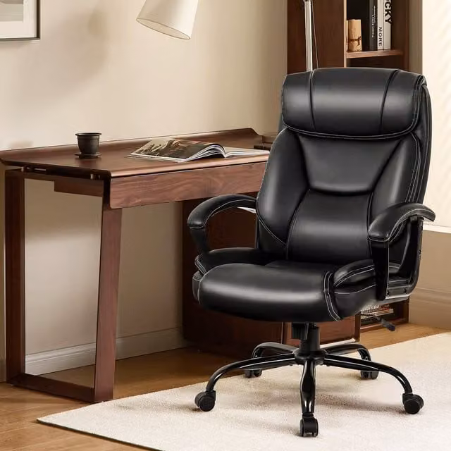 Costway Modern Ergonomic Black Synthetic Leather Swivel Office Chair with Headrest and Armrests
