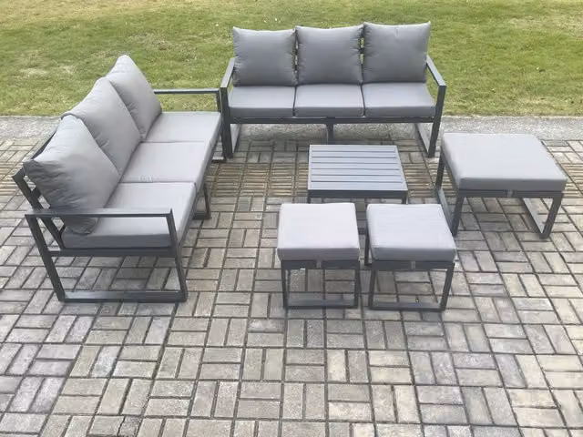 Fimous 9 Seater L-Shape Outdoor Garden Furniture Set with Square Coffee Table and 3 Matching Ottomans in Dark Grey