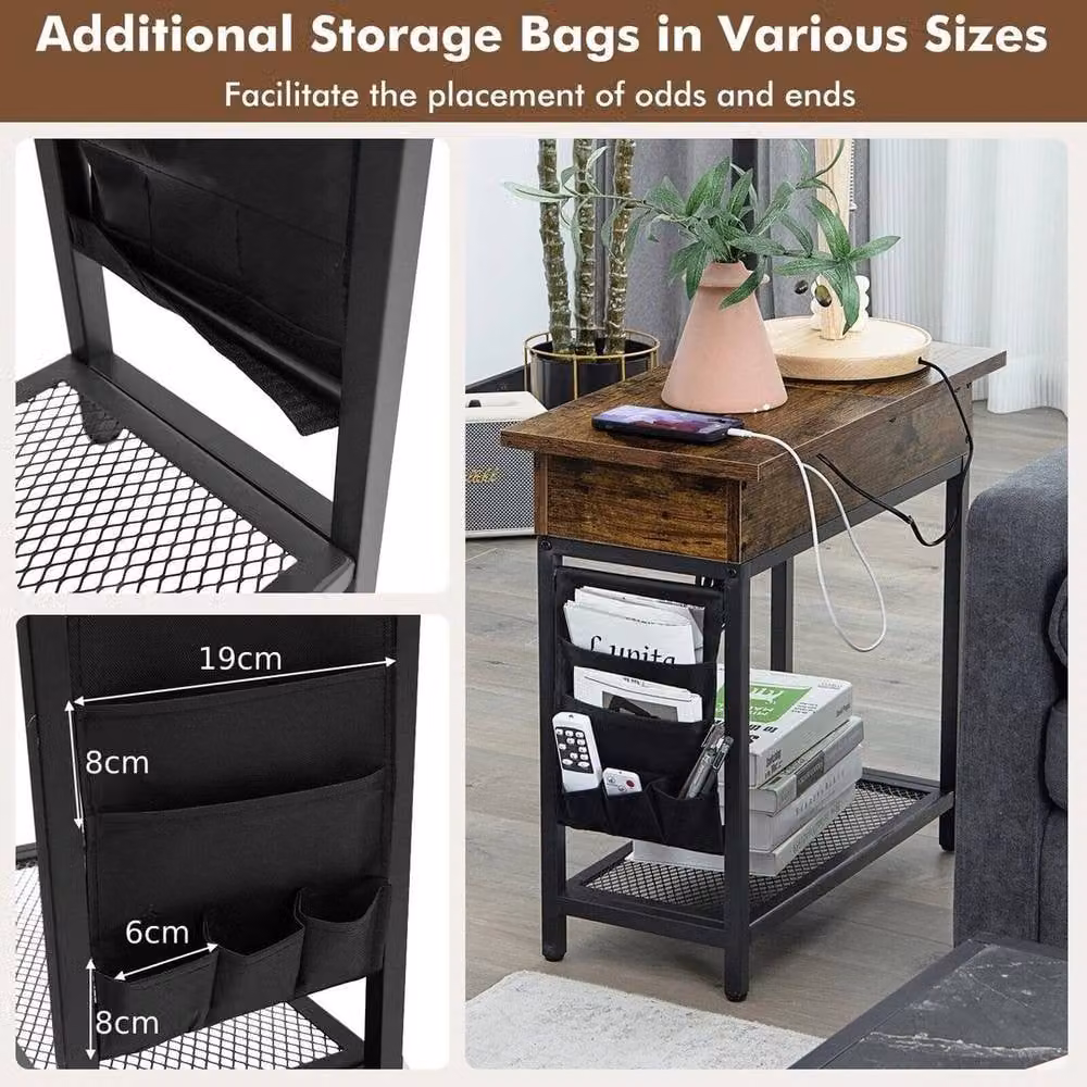 EONLION 2-Tier Industrial Side Table in Brown with Folding Reversible Top – 5