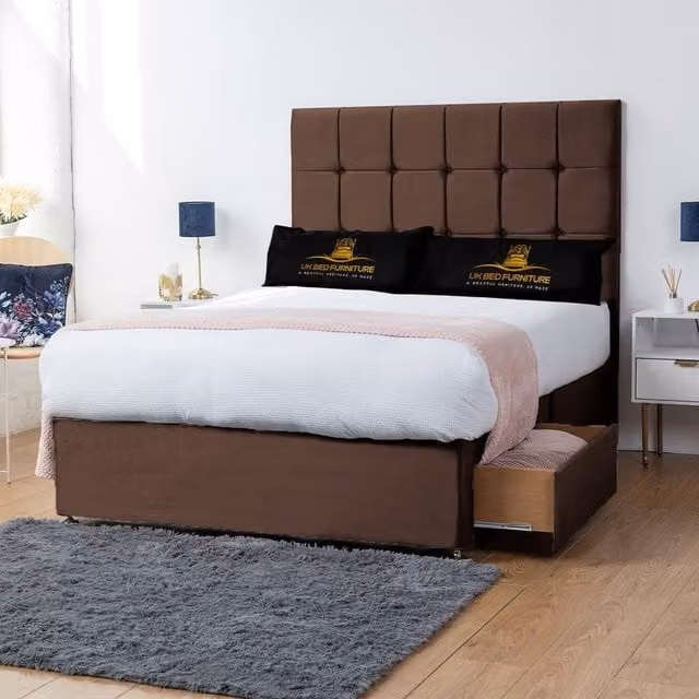 UK Bed Furniture Florence Divan Bed with 2 Drawers and 26 Inch Headboard in Brown, Small Double, W/D/H: 120 x 200 cm