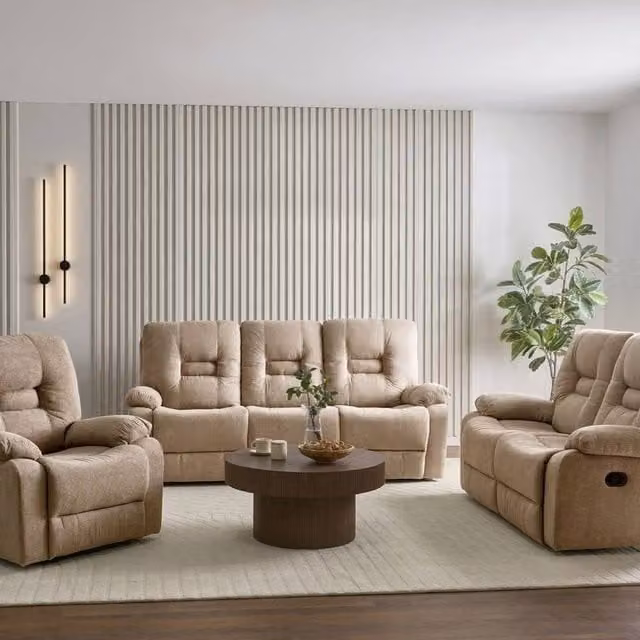 Wyld and Coco Beige Manual Recline Living Set with 3-Seater Sofa, 2-Seater Sofa and Armchair – 1