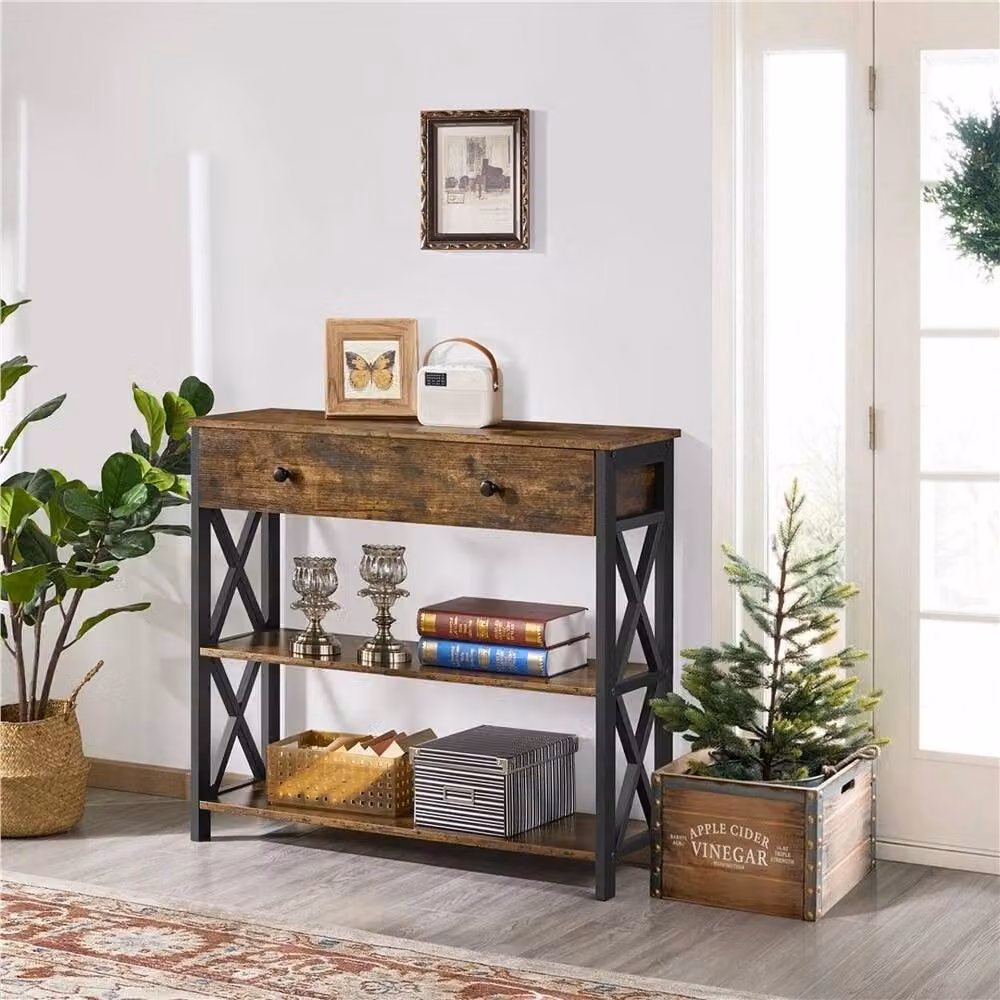 Kelvenix Rustic Brown Console Table with Glass Top and X-Frame Design – 3