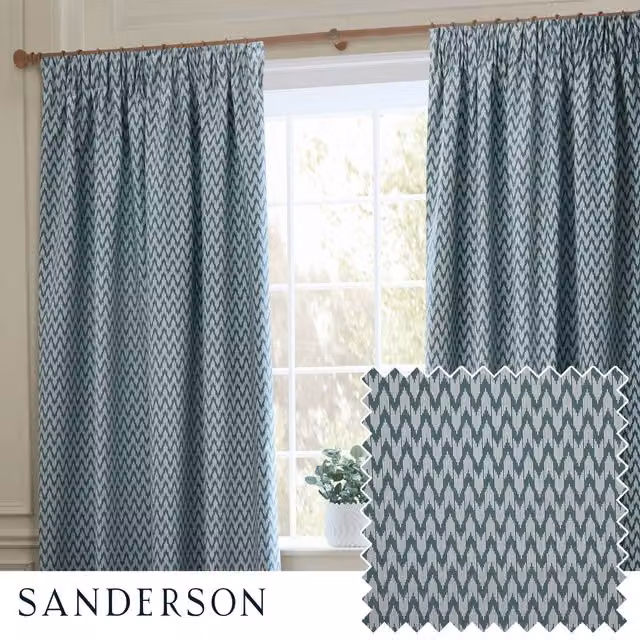 Sanderson Hutton Blue Pencil Pleat Room Darkening Curtains, Width: 229 cm, Drop: 229 cm – 1