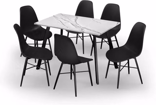 URBNLIVING Modern Dining Set with White Marble Rectangular Table and 6 Black Tulip Chairs, W: 110 cm, D: 70 cm, H: 75 cm