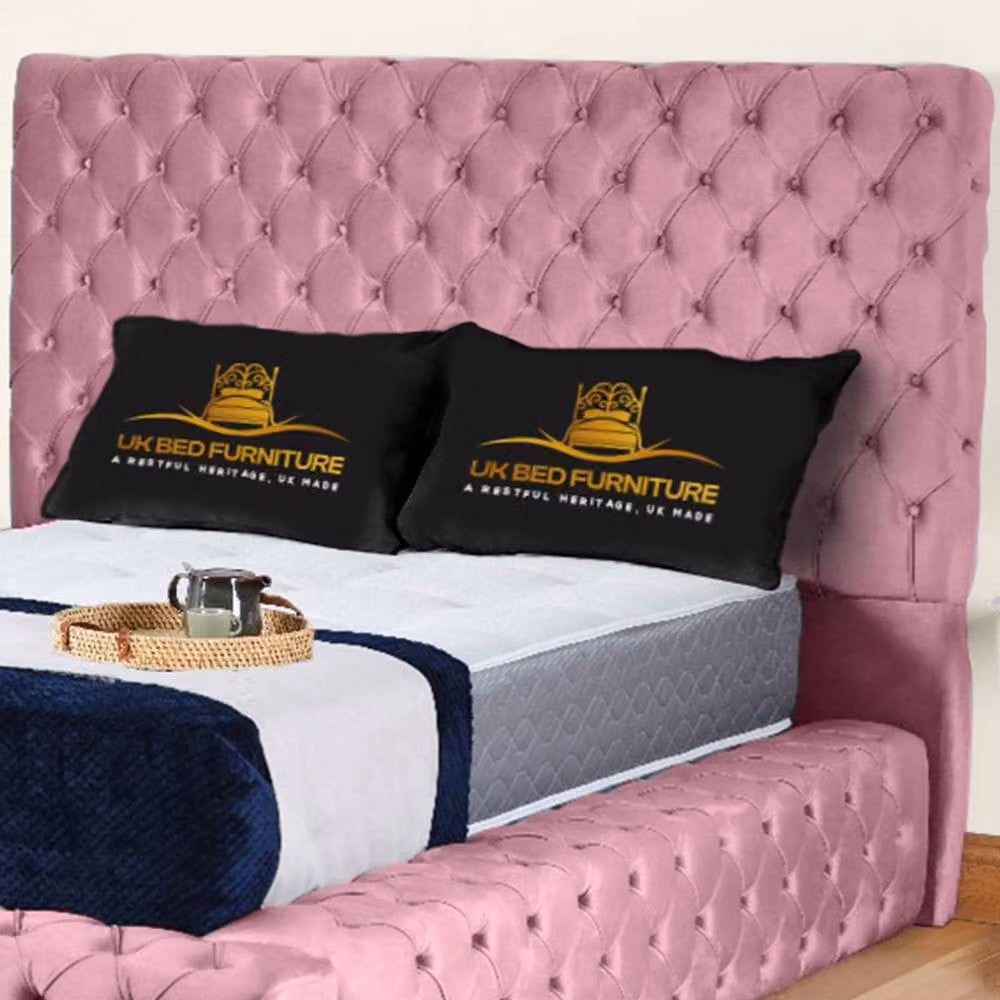 UK Bed Furniture Ambassador Pink Velvet Upholstered Ottoman Gas Lift Bed with 54 Inch Headboard, W/D/H: 140 x 200 cm – 2
