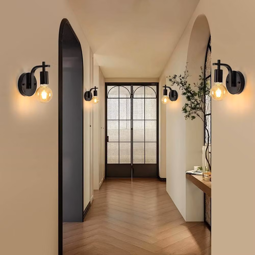 COMELY 4 Pack Industrial Black Metal Wall Sconce Lights with E27 Vintage Glass Shades – 2
