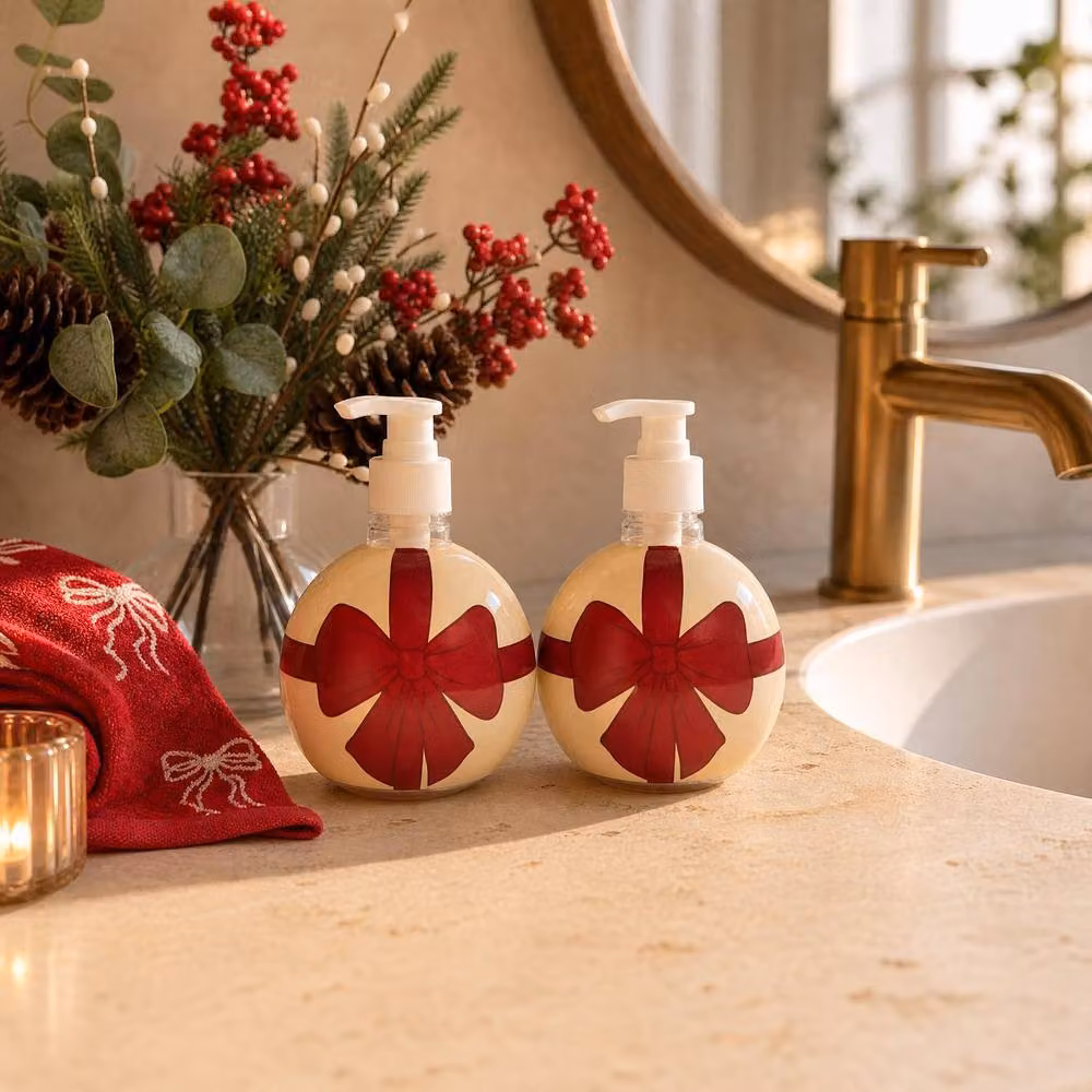 OHS Red Bow Bauble Pump Dispenser Bottles, 2 Pack Refillable Plastic Containers – 2