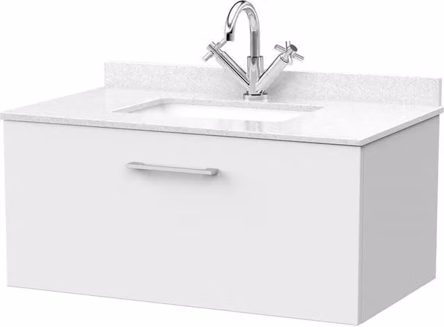 Balterley Pershall Modern Wall Mounted 1 Drawer Vanity Unit with Marble Top and Basin, Matt White, Width: 80 cm