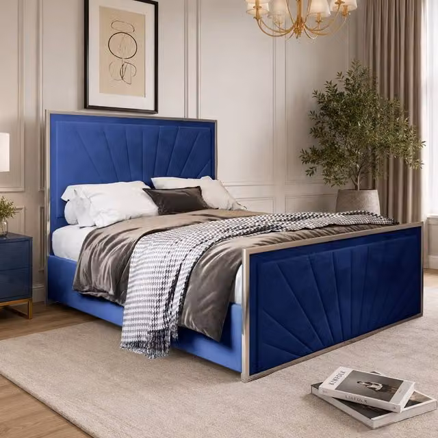 Casani Somerford Upholstered Velvet Designer Bed Frame in Blue, W/D/H: 90 x 200 cm – 1