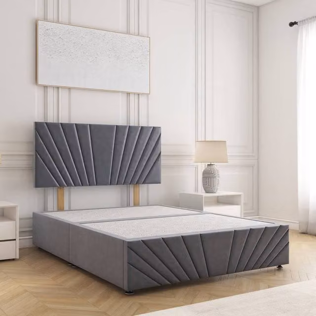 BSSPOKE Rose Plush Velvet Divan Bed Set with 24 inch Headboard in Grey, Small Double, W/D/H: 120 x 200 cm