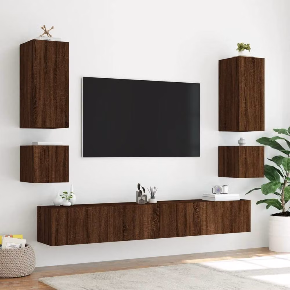 Berkfield Home Modern Wall Mounted TV Cabinets with Integrated LED Lights, Brown Oak, 2 Pack, W/D/H: 40.5 x 35 x 40.5 cm – 3