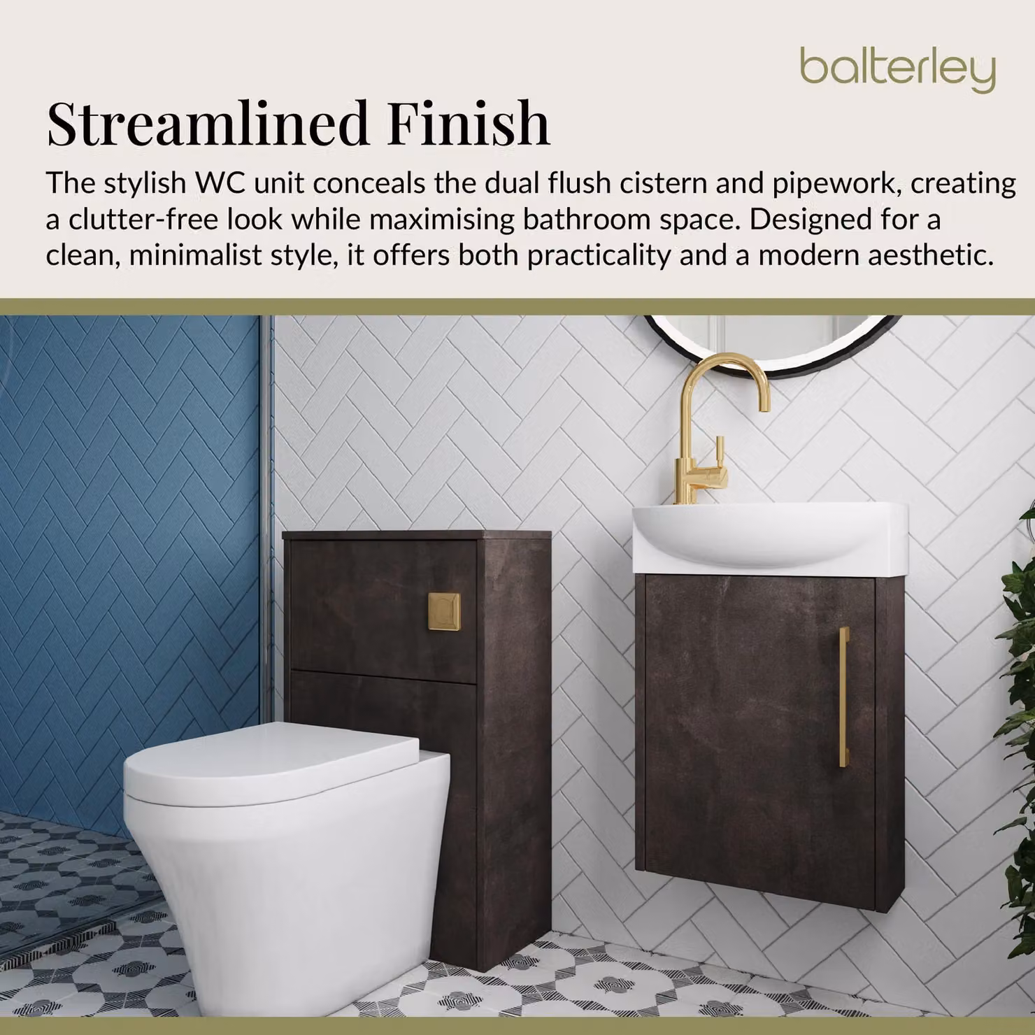Balterley Grey Cloakroom Suite with Right Hand Vanity, WC, Toilet and Tap Set in Slate Brass, Width: 44 cm – 3