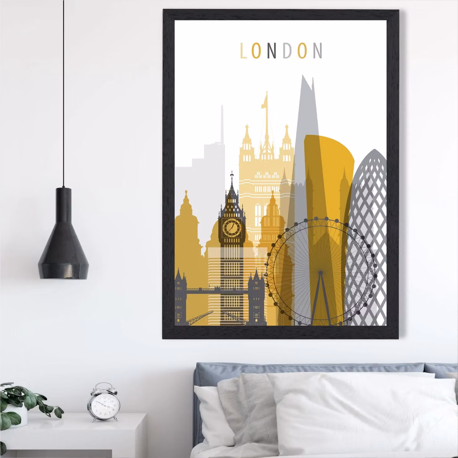 ARTZE London Yellow and Grey City Skyline Framed Paper Poster with Black Frame – 2