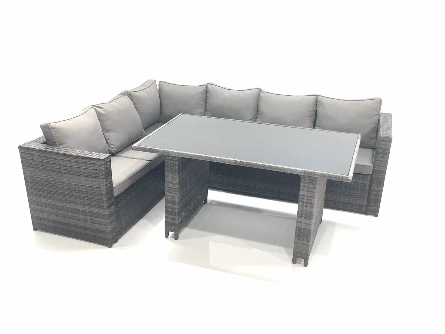 Fimous Rattan Corner Sofa Set and Rectangular Dining Table with Chairs in Dark Grey – 2