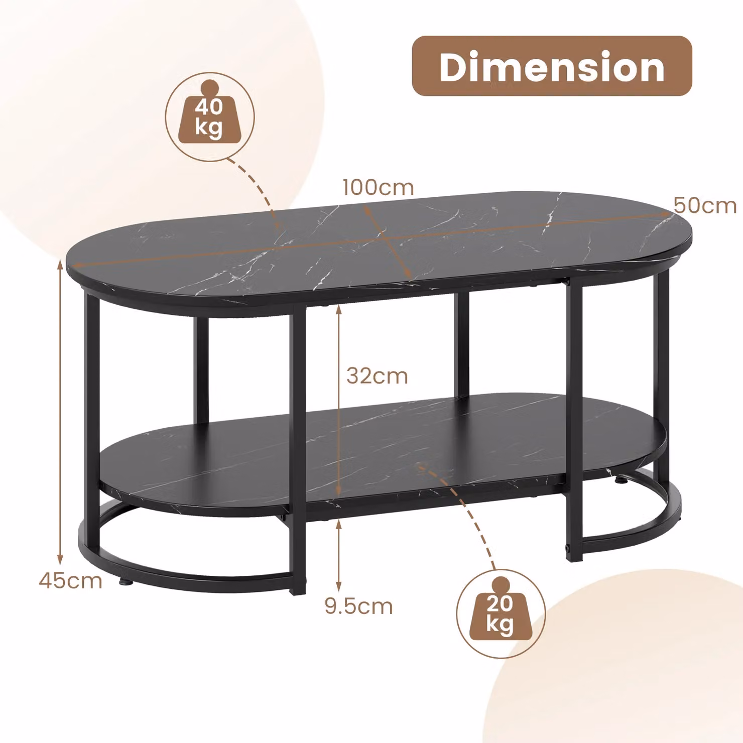 Gymax Modern 2-Tier Marble Coffee Table with Geometric Oval Shelf in Black – 2