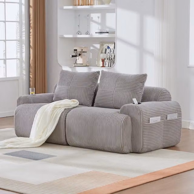 Aosom UK Modular 2-Seater Ribbed Corduroy Sofa with Cup Holder and Storage Pocket in Light Grey, W/D/H: 200 x 99 x 80 cm – 1