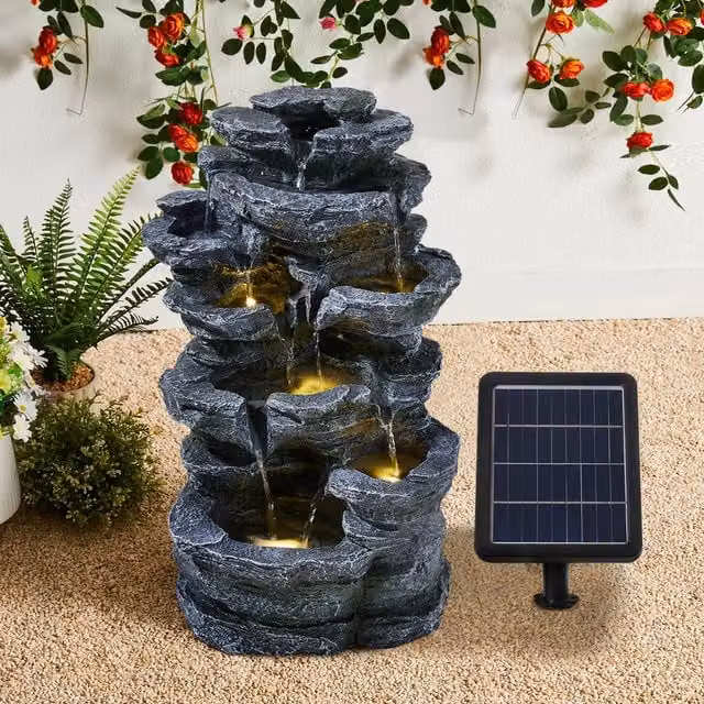 Livingandhome Solar-Powered Rustic Grey Tiered Cascade Rock Water Feature