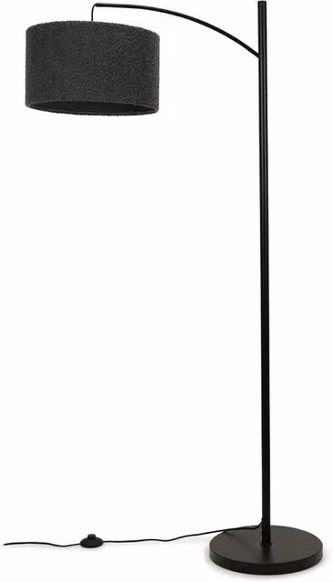 ValueLights Preto Black Metal Curved Floor Lamp with Grey Boucle Fabric Shade
