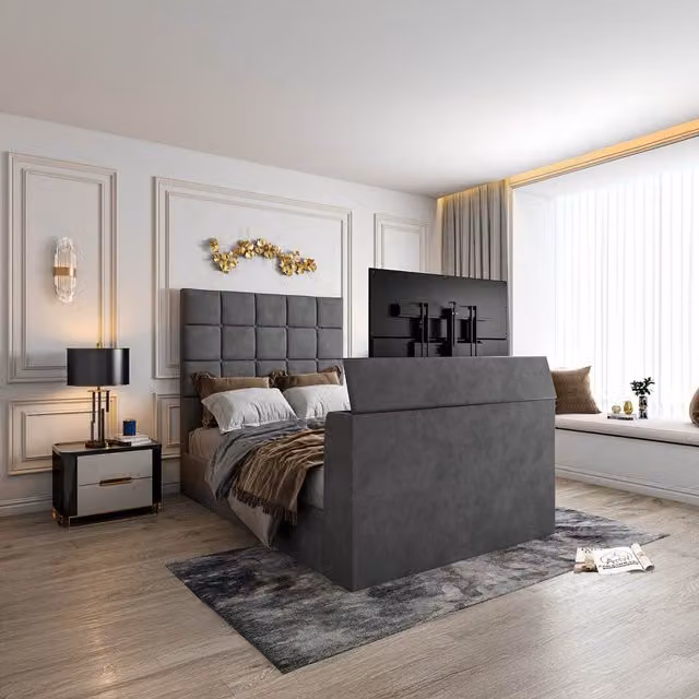 Casani Modern Geometric Upholstered Velvet TV Bed Frame in Grey, 200 x 200 cm