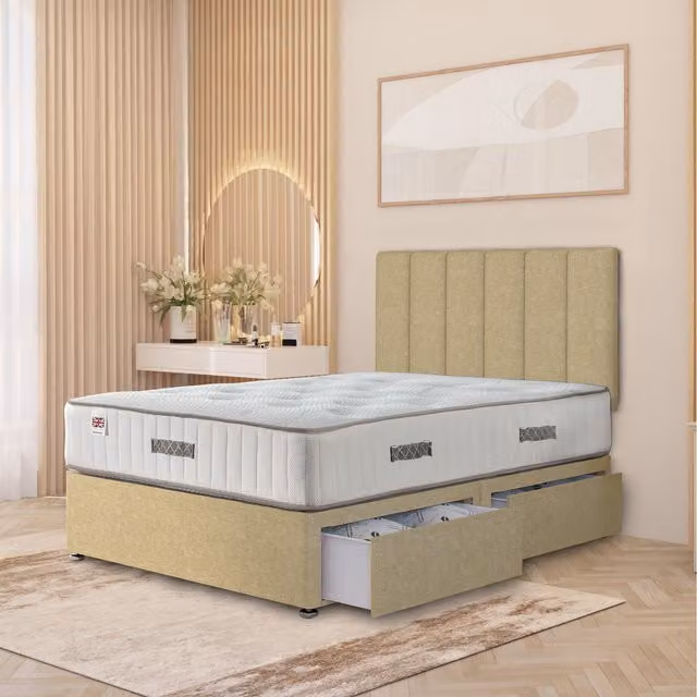 Somnior Beds Ltd Austin Linen Fabric Storage Divan Bed with Hybrid Orthopaedic Mattress and 32 inch Headboard, Beige, W/D: 120 x 200 cm
