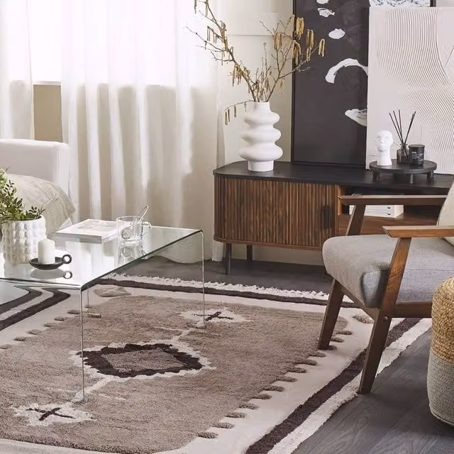 Wyld and Coco Beige Cotton Hand-Tufted Abstract Rectangular Rug with Fringes W: 140 cm, D: 200 cm – 1