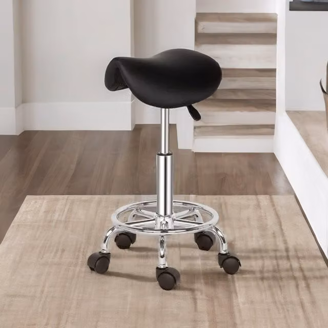 FURNOS 2-Piece Black Synthetic Leather Saddle Salon Stools with Adjustable Height and 360 Degree Swivel – 1