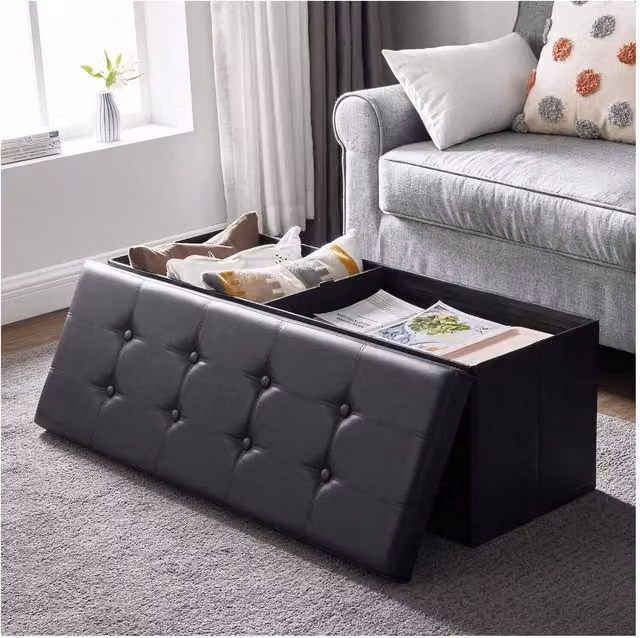 SONGMICS Elegant Black Synthetic Leather Storage Ottoman with Divider, W/D/H: 110 x 38 x 38 cm