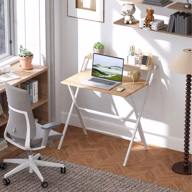 HOMCOM Folding Computer Desk in Natural Wood Finish