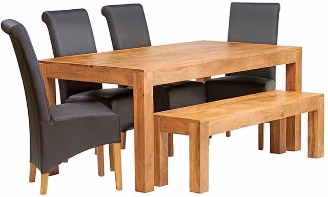 IH Design Mango Wood 6 FT Dining Set with Bench and 4 Brown Leather Chairs