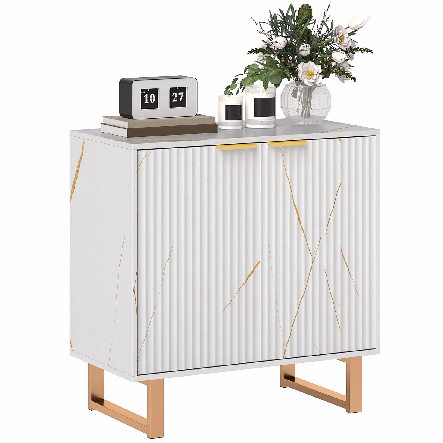 HOMCOM Modern White and Gold Glossy Sideboard Storage Cabinet with Fluted Doors – 2