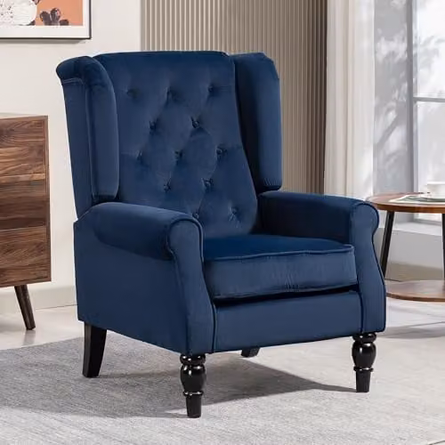 HOMCOM Retro Wingback Accent Chair in Blue Velvet with Solid Wood Frame, W/D/H: 74.0 x 102.0 x 86.0 cm – 1