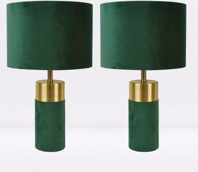 First Choice Lighting Set of 2 Green Velour Table Lamps with Gold/Brass Base – 1